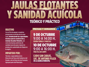 El Gobierno Municipal de Minatitlán, a través del Departamento de Fomento Agropecuario, Ganadería y Pesca, invita a participar en el Taller de Elaboración de Jaulas Flotantes y Sanidad Acuícola, dirig