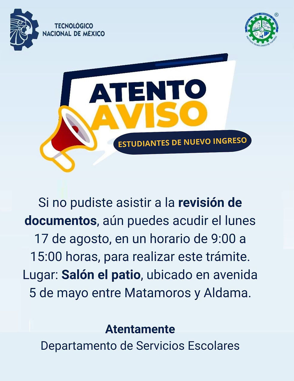 AVISO IMPORTANTE PARA ESTUDIANTES DE NUEVO INGRESO.