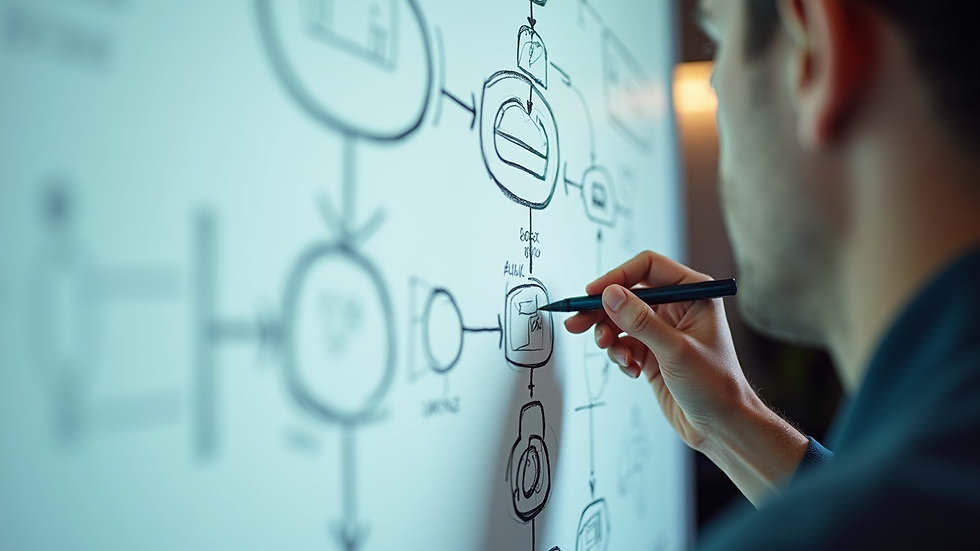 Close-up view of a game designer sketching AI-driven narrative flowcharts on a whiteboard