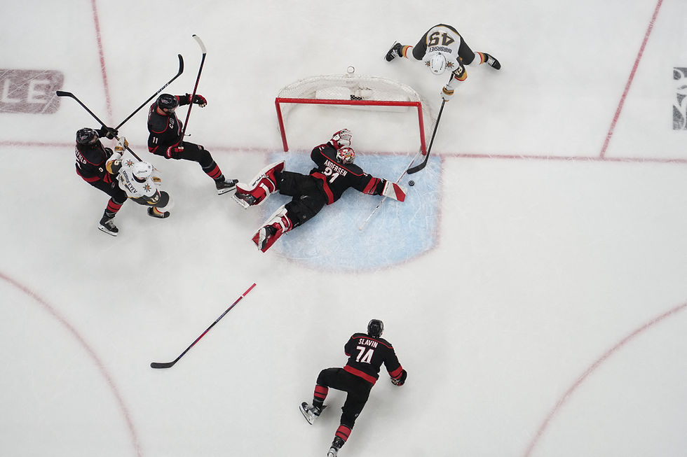 Andersen reaches for puck vs. Barbashev in Game 2