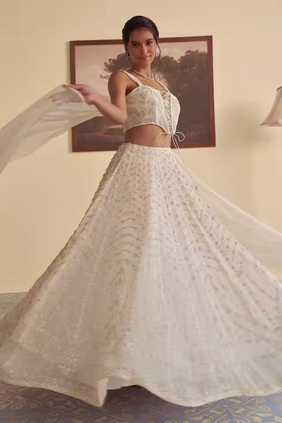 Thumbnail: White Organza, Net Embroidery, Pearls Sweetheart Neck Lily Embrace Lehenga Set