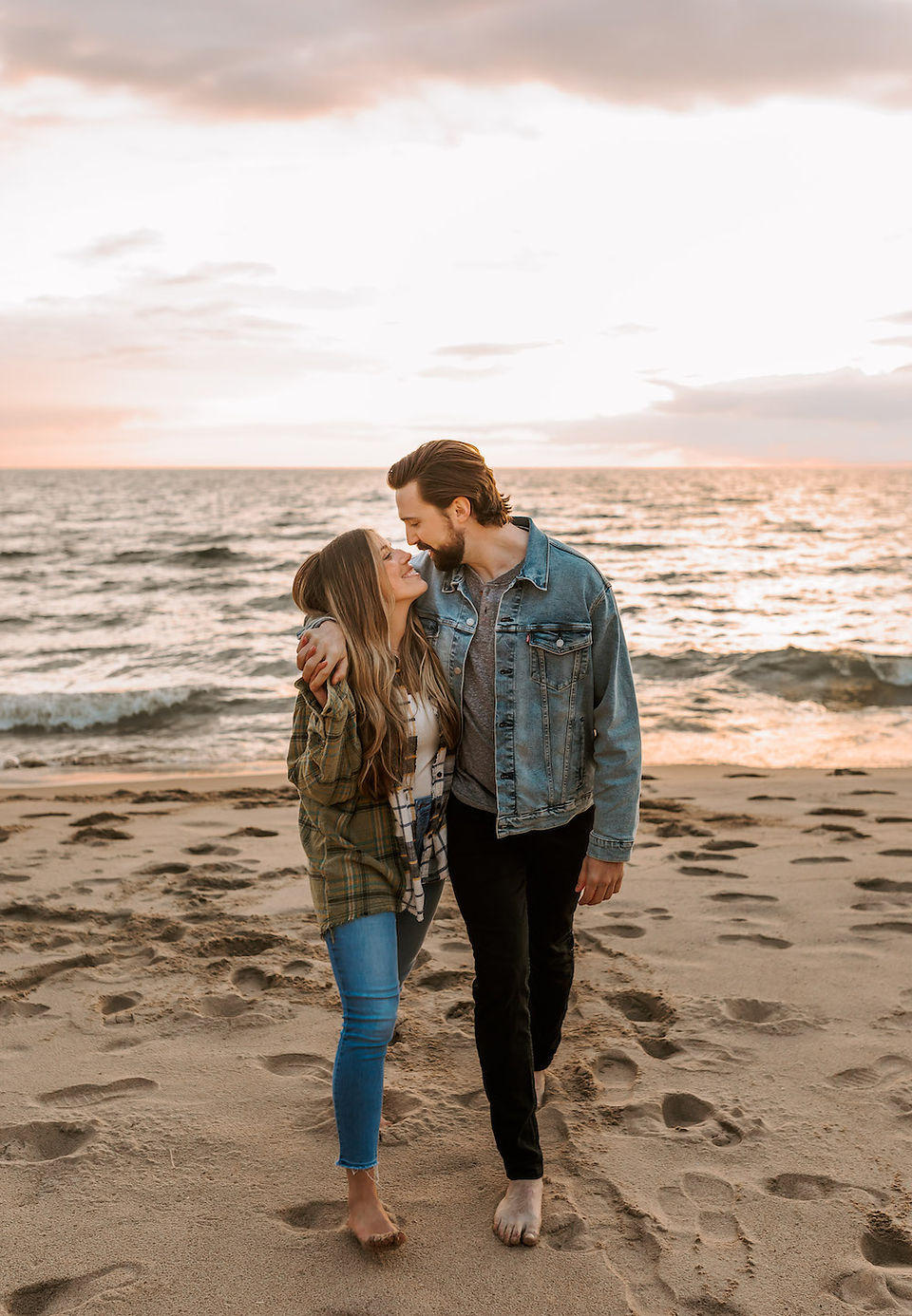casual summer beach engagement session in Michigan
