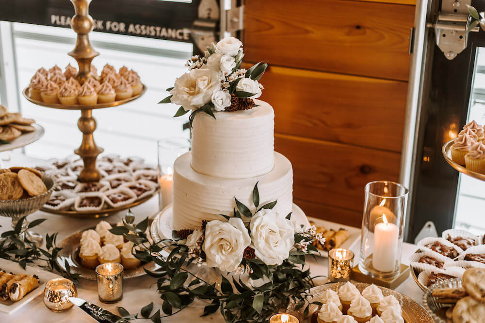 White winter wedding cake and dessert table by Simply Sweet by Jessica in Michigan.