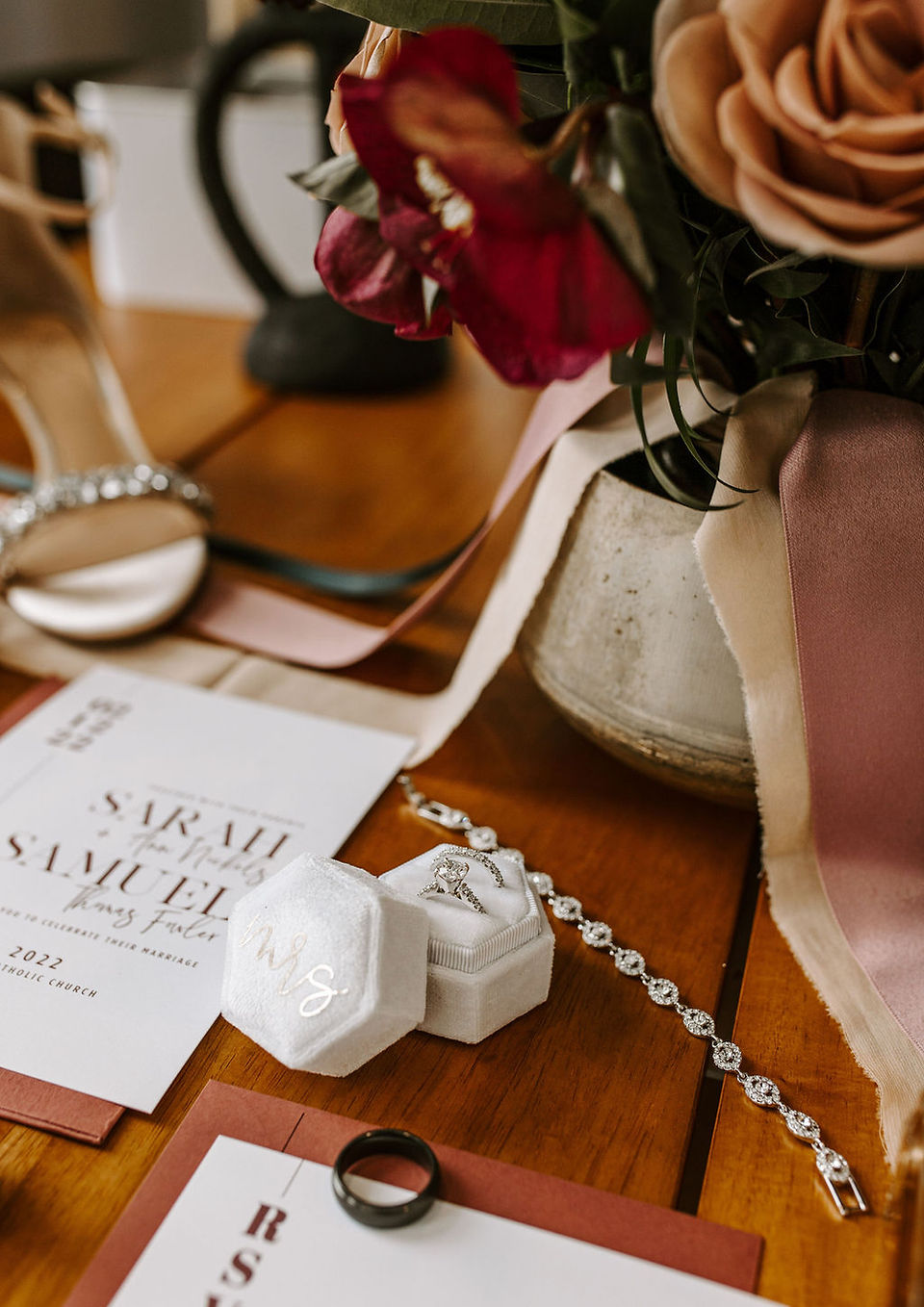 Modern bride wedding detail flat lay photography.