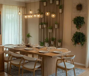 Modern dining room with wooden table, eight chairs, decorative shelving with plants, wall