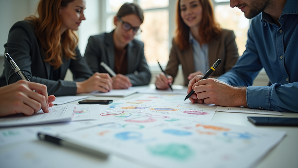 Eye-level view of a creative team brainstorming around a table with colorful sketches