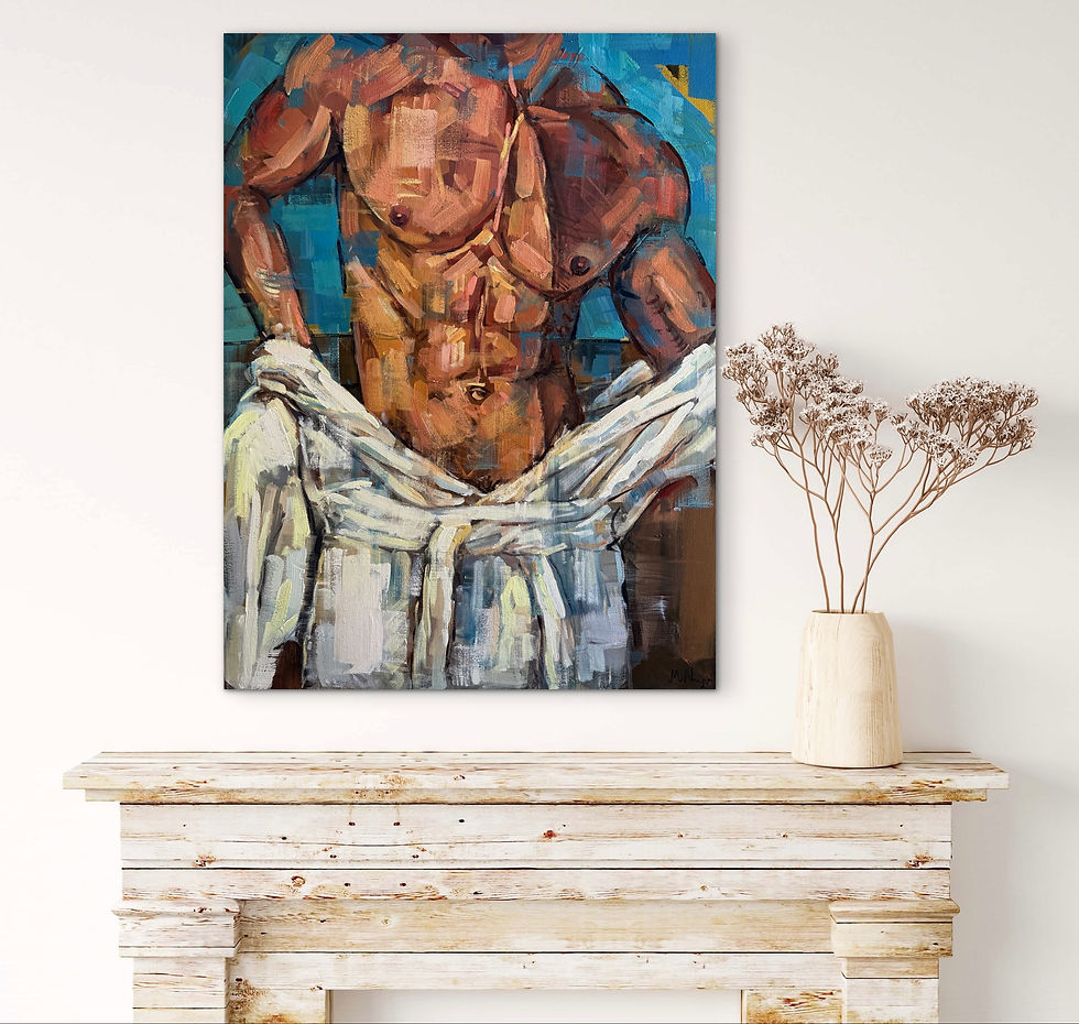 Thumbnail: Semi nude male pose oil painting, male torso, gay art 