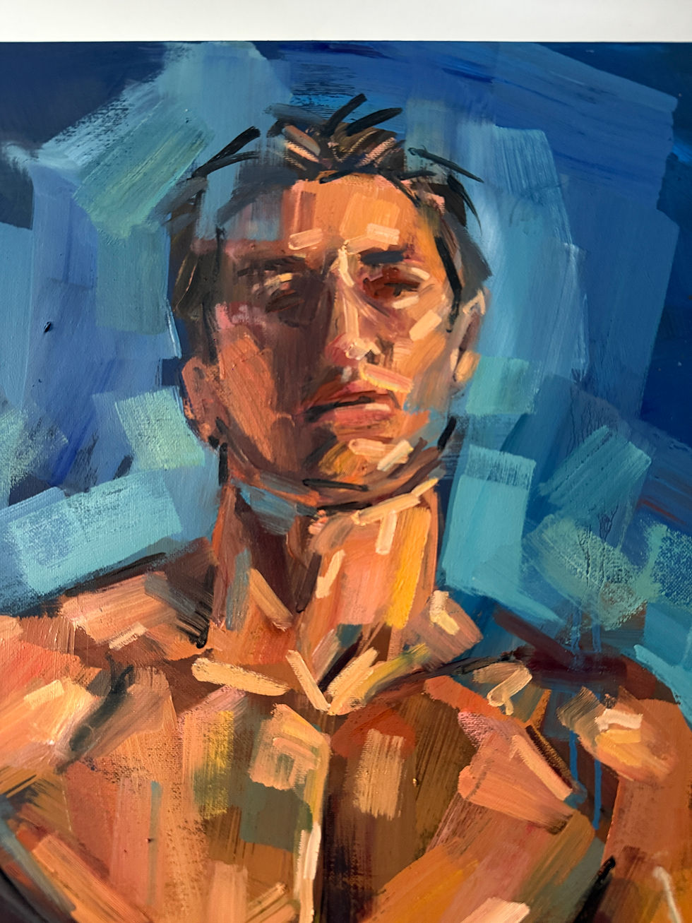 Thumbnail: Semi nude male pose, naked man with swimwear at sea. Oil painting