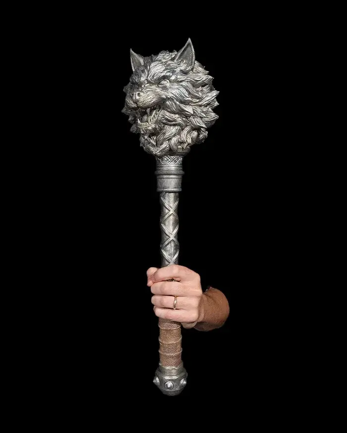 Life Size Mace. Mace has a wall mount and the top has the resemblance of a wolf head.