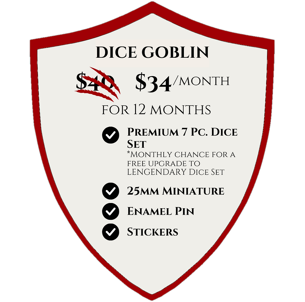 Fantasy tabletop RPG subscription box with dice miniatures and accessories