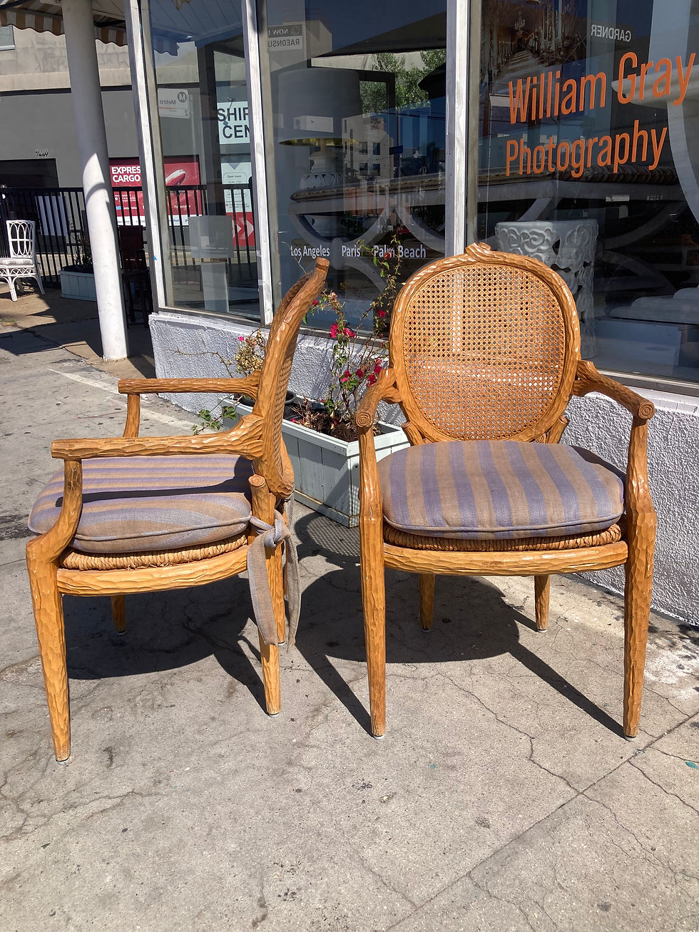 Thumbnail: Pair of Faux Bois French Louis Style Arm Chairs with Cain Backs and Rush Seats