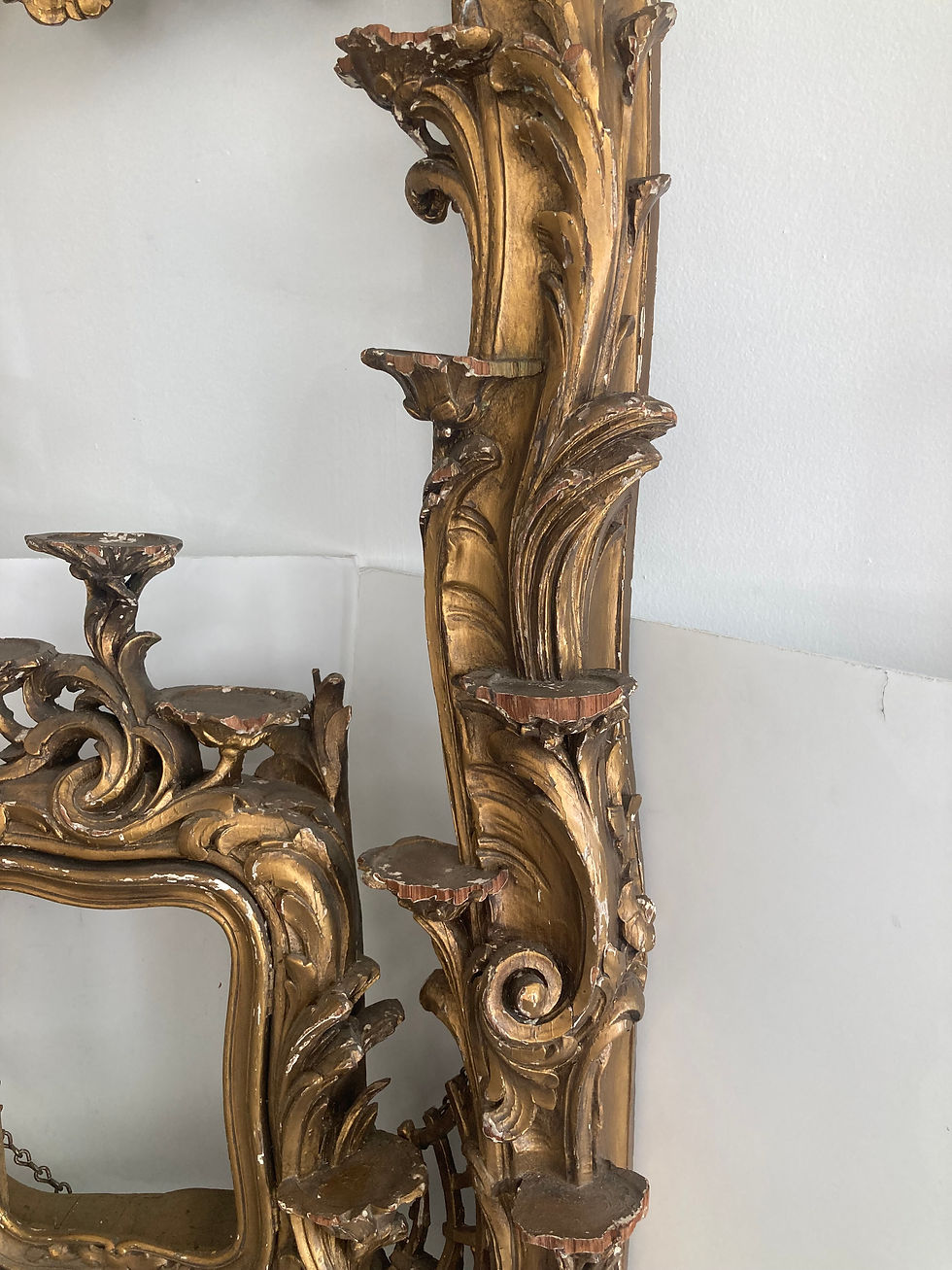 Thumbnail: French Louis XV Gilt Carved Wood Wall Shelf with Porcelain Stands