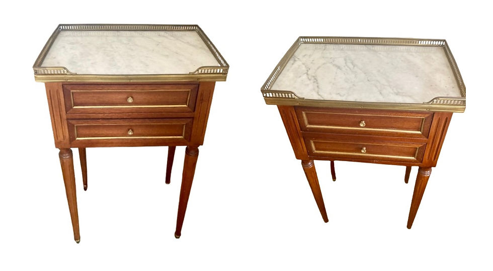 Jansen French Louis XVI Style Side Tables with Marble Top and Drawers - a Pair