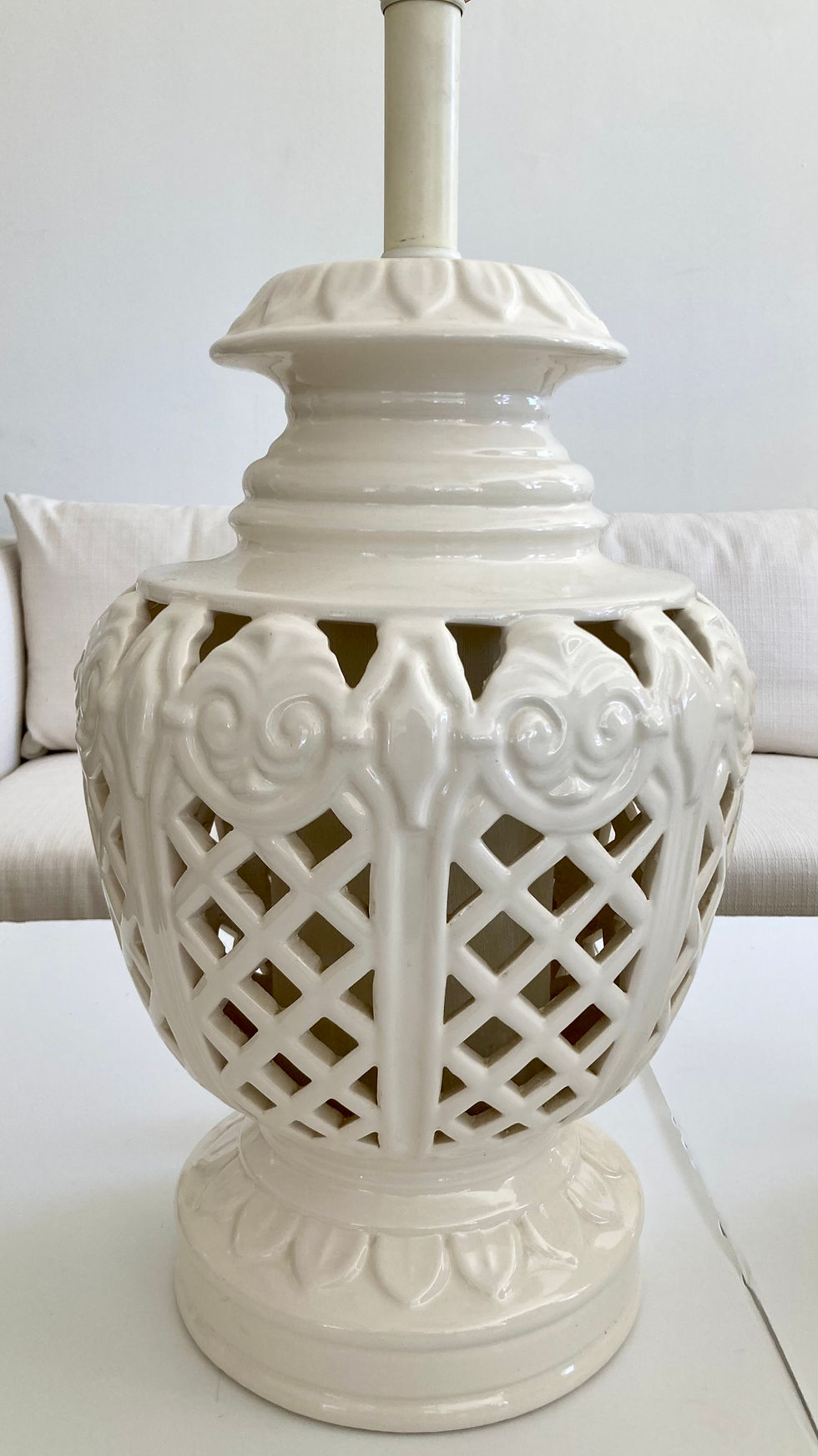 Thumbnail: Hollywood Regency Large Scale Glazed White Ceramic Table Lamps, a Pair