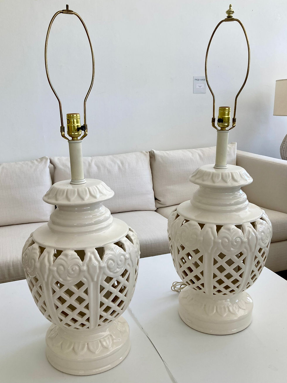 Thumbnail: Hollywood Regency Large Scale Glazed White Ceramic Table Lamps, a Pair