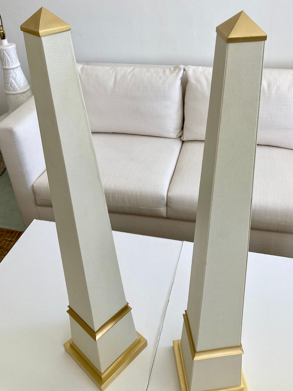 Thumbnail: French Leather Wrapped Obelisks With Satin Bronze Details, a Pair