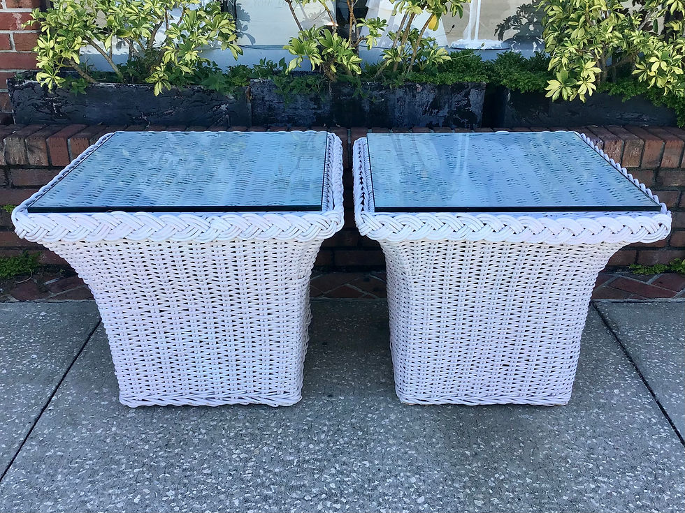 Thumbnail: Bielecky Brothers White Square Rattan Side Tables - a Pair