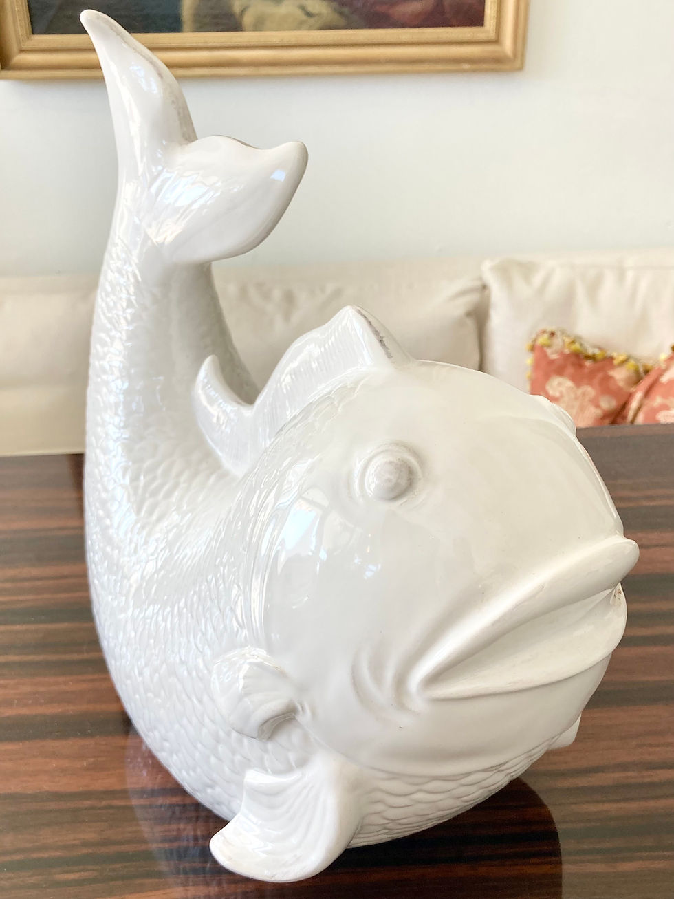 Thumbnail: Hollywood Regency Vintage White Glazed Ceramic Fish