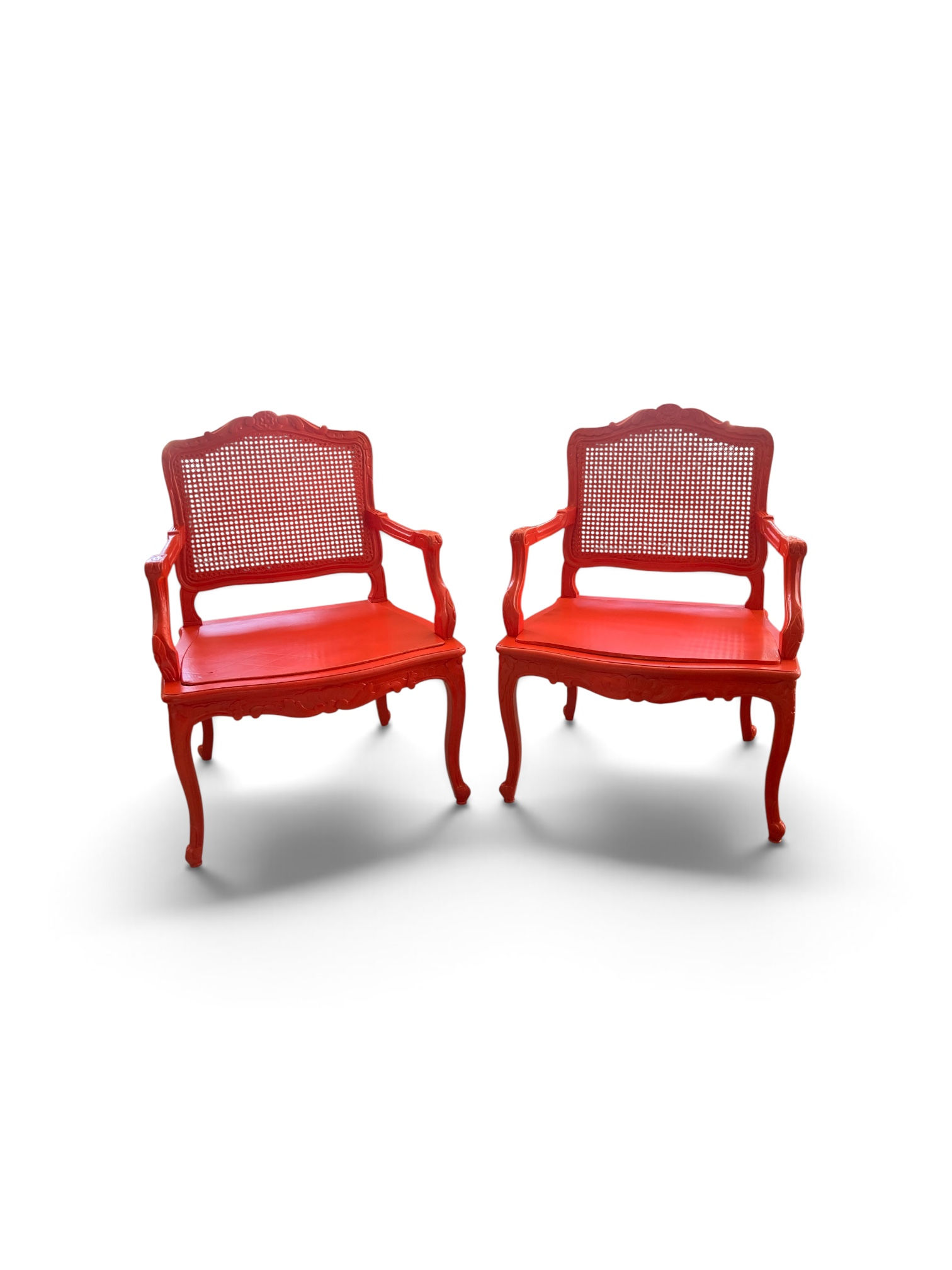 18th Century Louis XV Fauteuils in Hollywood Regency Coral finish added- a Pair