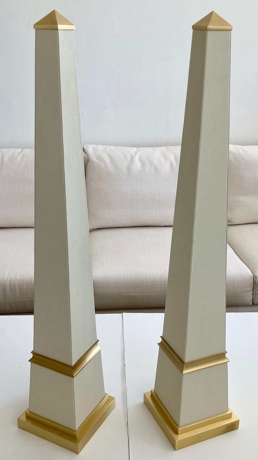 Thumbnail: French Leather Wrapped Obelisks With Satin Bronze Details, a Pair