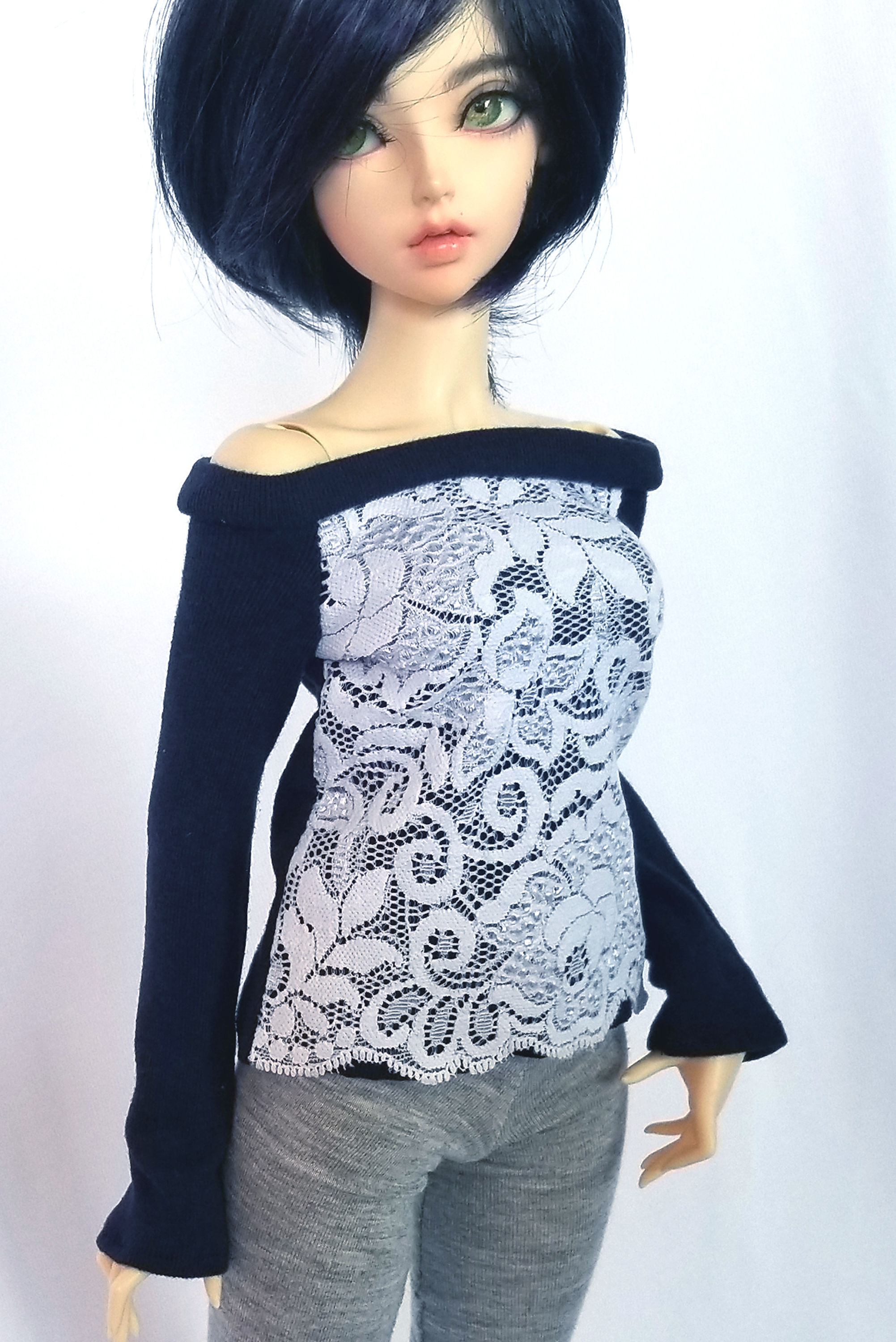 Navy and white lace long sleeve shirt