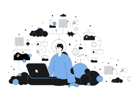Person at a computer brainstorming how to tell their story.