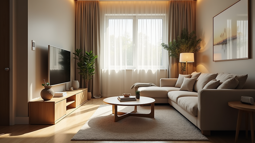 Eye-level view of a modern living room with energy-efficient lighting
