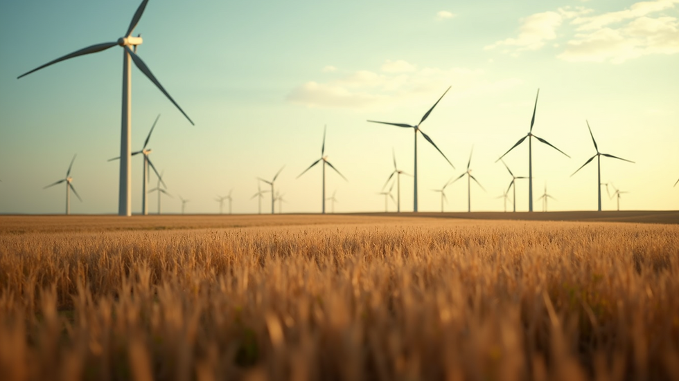 Wide angle view of an agricultural land with wind turbines