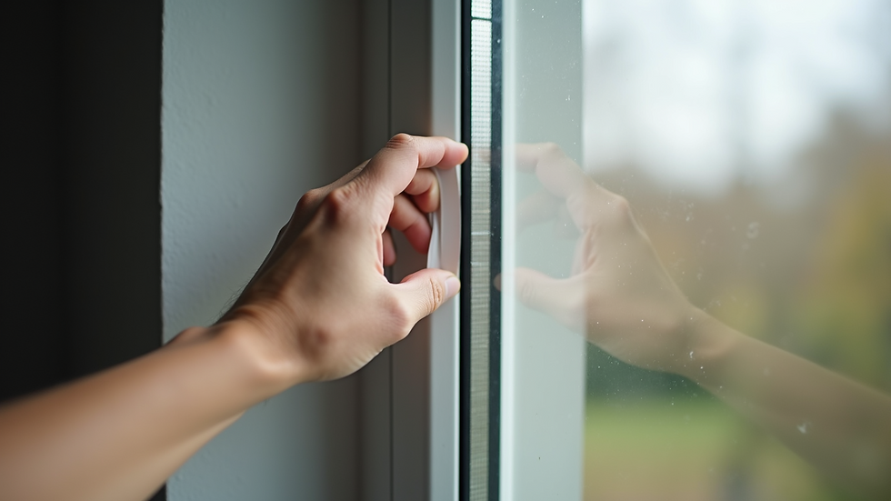 Close-up view of a hand sealing a window with weatherstripping tape