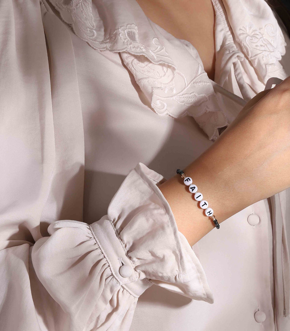 FAITH steel blue Miyuki glass and champagne Preciosa crystal beaded bracelet on wrist