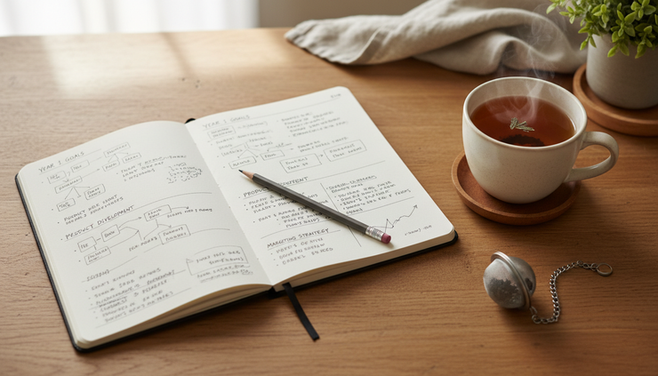 Overhead view of handwritten planning notes beside a cup of tea on a wooden kitchen table