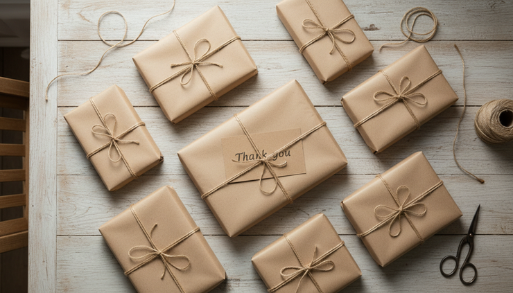 Overhead view of wrapped handmade parcels on a simple dining table