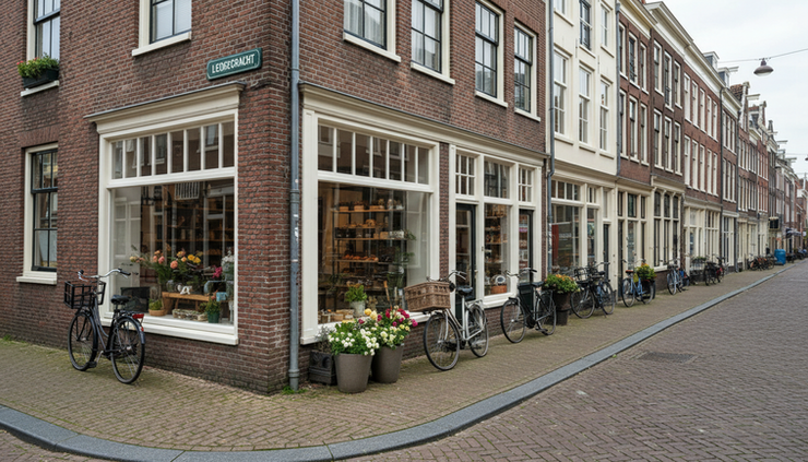 Eye-level view of a quiet street sign near a row of independent shops