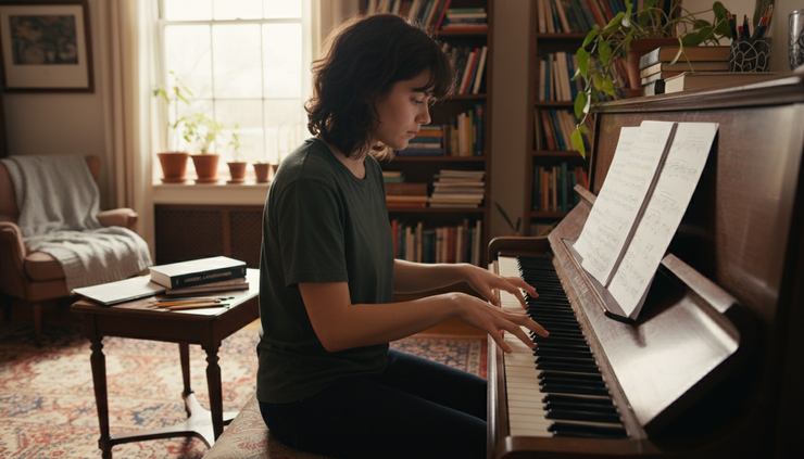 Eye-level view of a student reading sheet music while playing piano
