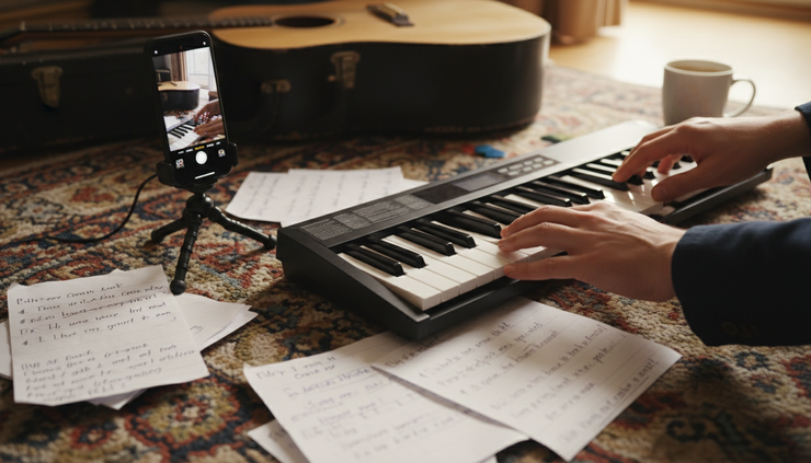 Close-up view of hands pressing piano keys while a phone records a rough song idea.