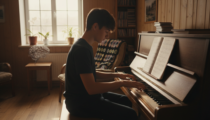 Wide-angle view of a student playing a keyboard in a warm music practice room