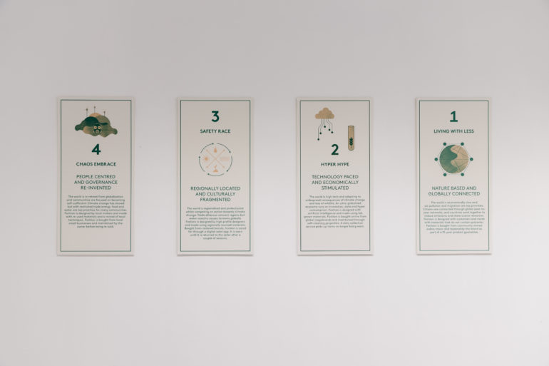 4 print out boards displaying future scenarios displayed as part of the Fashion Now Fashion Futures 2030