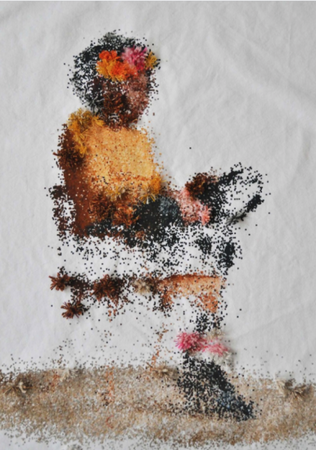 Embroidery of a black woman with floral headdress by Sara Marty