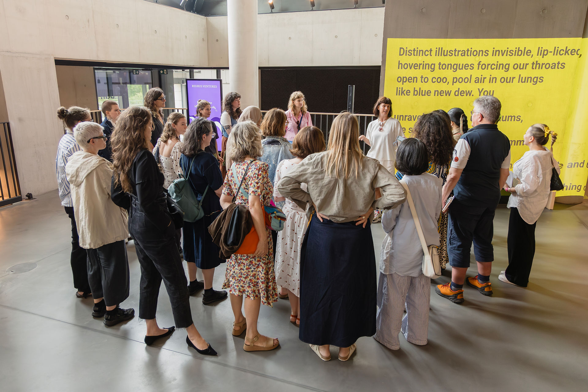 Anna Fitzpatrick explaining 'A Walking Conversation: On Hope and Uncertainty' at LCF before exploring East Bank. Photo by Vera Novikova.