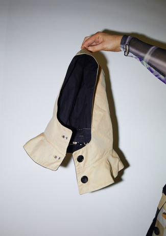 Images of finalist Camille Neuville's prototype from the Reimagining Materials Exhibition at LCF in April 2025. This hood turns into a bag.Image copyright of Burberry. All rights reserved.