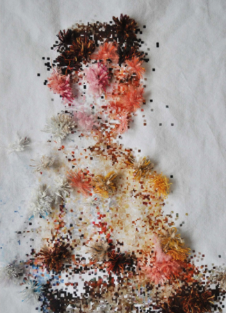 Close up embroidery of a black woman with floral headdress by Sara Marty