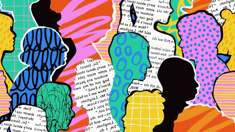 imagem de pessoas em comunidade passando em modo aleatório, coloridas, divertidas, grupo de pessoas, comunidade diversa