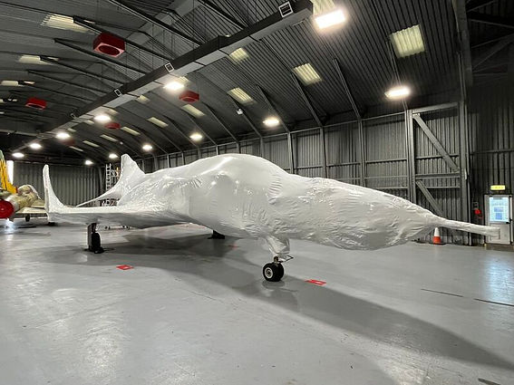 Specialist shrink wrap installation on aircraft in hangar