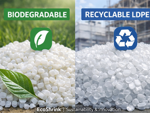 Split image showing biodegradable and recyclable LDPE plastic pellets, illustrating material choices for biodegradable versus recyclable shrink wrap in construction site containment.