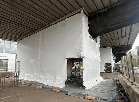 BIOSHRINK scaffold wrap installed at Balfour Beatty Great West Road, London — EcoShrink containment project