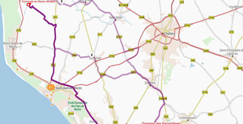 Itinéraire à partir du domaine des Renardières jusqu'au Daviaud écomusée du marais vendéen