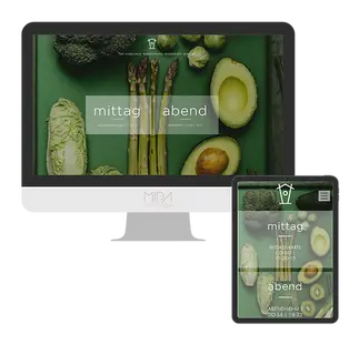 Webdesign von MIPA Agentur für die Ernährungsplattform 'mittagabendessen', dargestellt auf Desktop und Smartphone.
