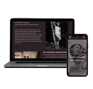 Laptop und Smartphone mit der Website der Fotografin Kerstin Pomper, die professionelle Fotoshootings anbietet.