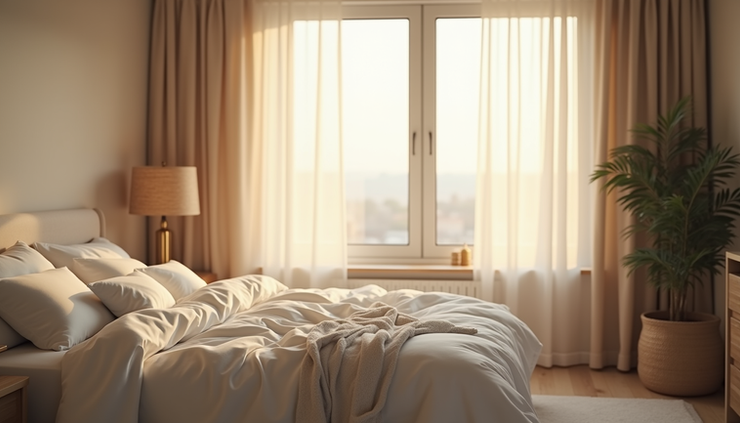 Eye-level view of a peaceful bedroom with soft natural light and a cozy bed