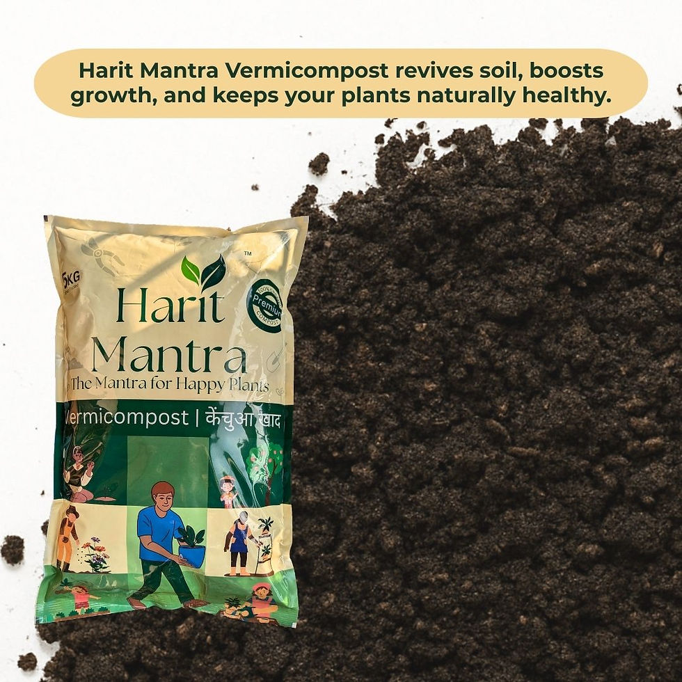 Bag of Harit Mantra Vermicompost on soil background. Text highlights soil revival and growth. Beige and green package with illustrations.